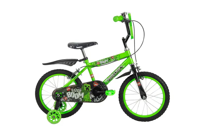 Huffy Minecraft 16 inch kids bike in green with stabilisers